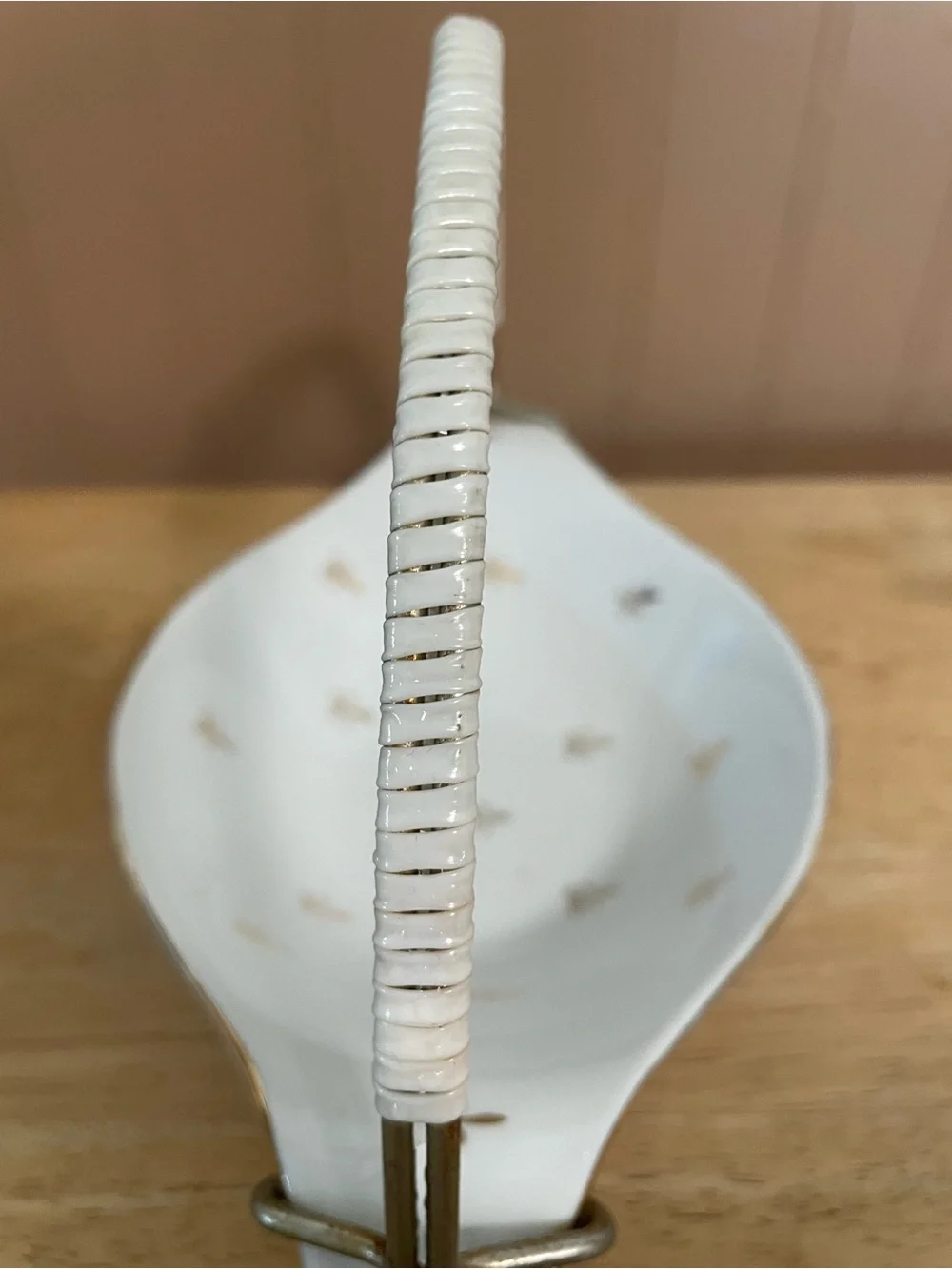 Vintage White porcelain basket gold Fleur de Lis pattern woven handle